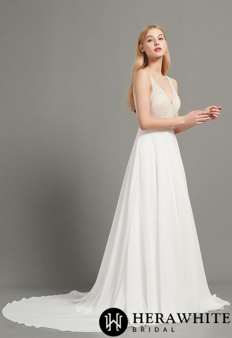 Robe De Mariée En Mousseline Avec Perles – Image 2