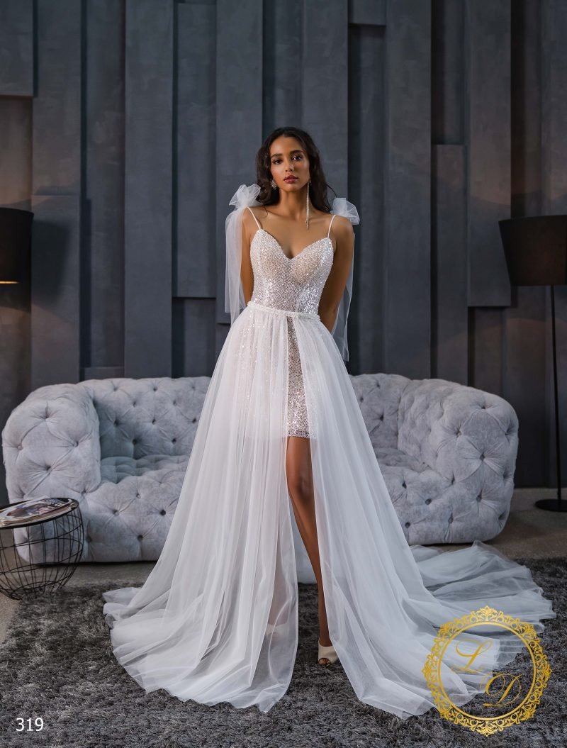 Robe De Mariée Courte Scintillante à Traîne Détachable