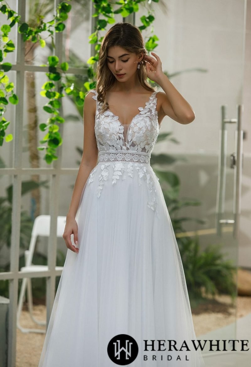 Robe De Mariée A En Dentelle Florale Avec Tulle – Image 3