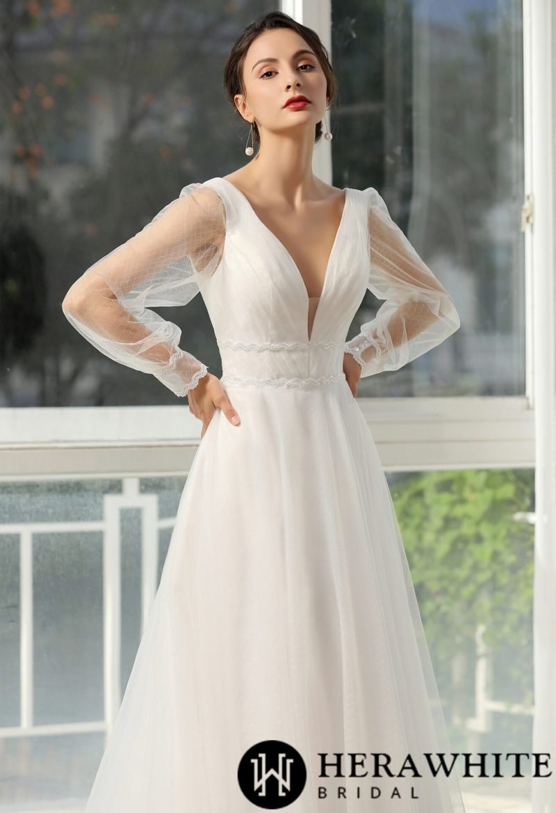 Robe De Mariée Manche Longue Blanche – Image 3