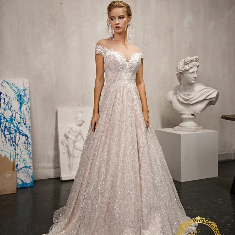 Robe De Mariée Scintillante Col Bardot Illusion