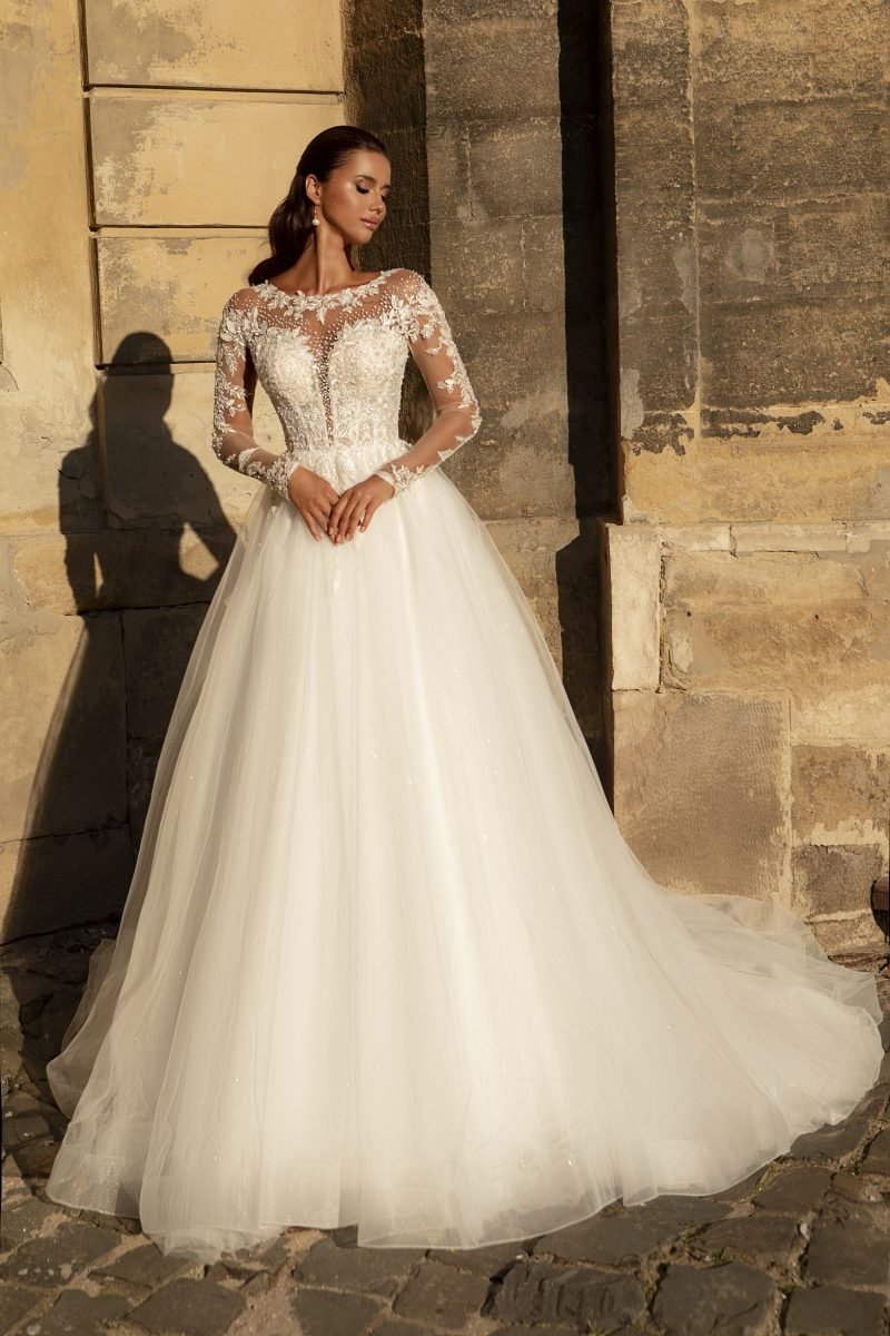 Robe De Mariée A Dentelle Florale A Manches Longues Illusion