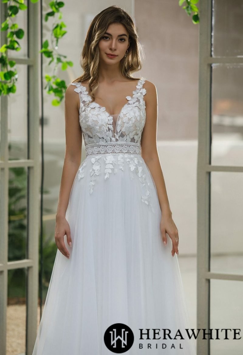 Robe De Mariée A En Dentelle Florale Avec Tulle – Image 2